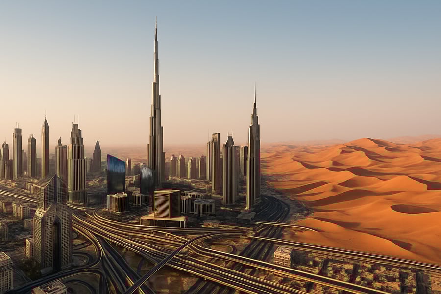 A panoramic view of Dubai's skyline with Burj Khalifa and desert in the background A panoramic view of Dubai's skyline with Burj Khalifa and desert in the background