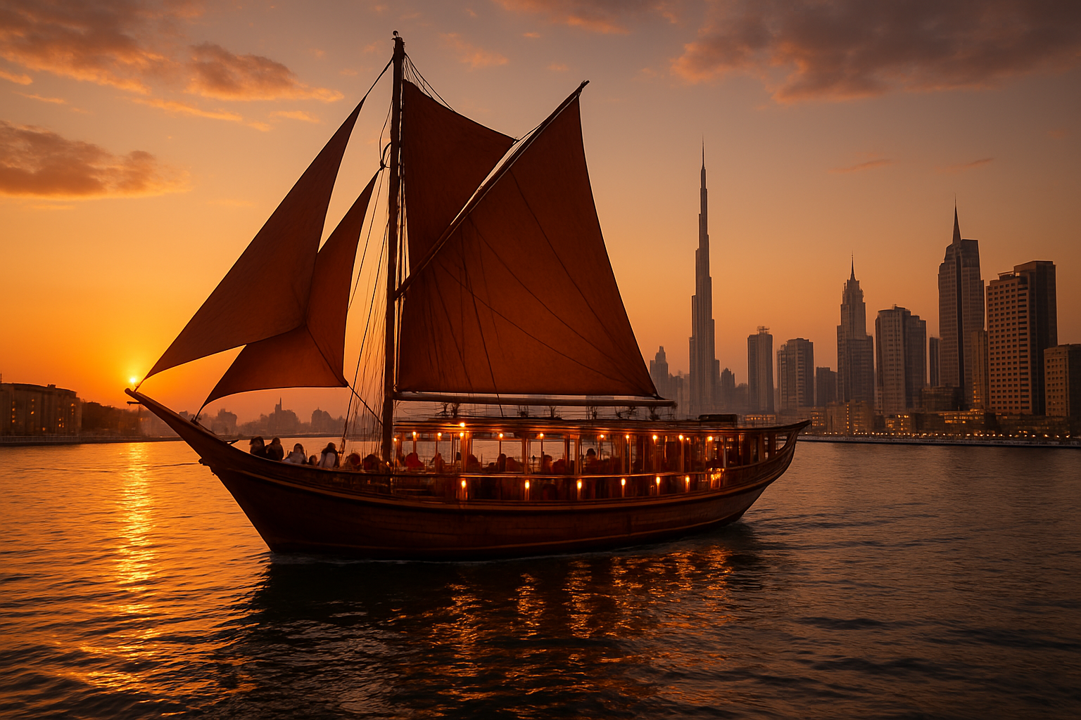 Traditional dhow cruise on Dubai Creek at sunset