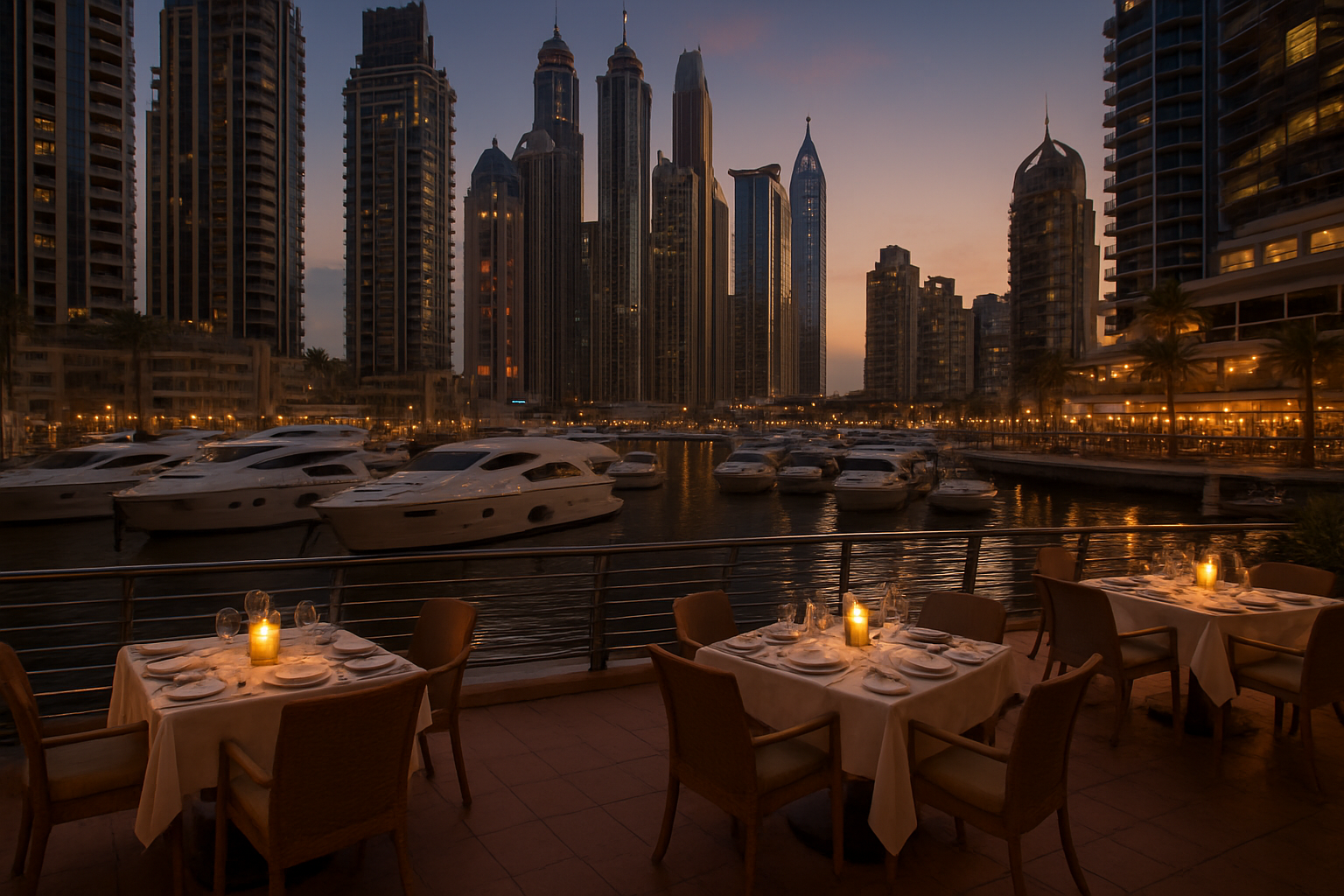 Elegant Dubai marina with luxury yachts and fine dining